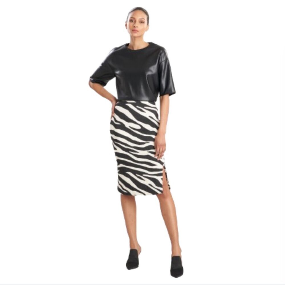 NWT Natori Leo Jacquard Pencil Skirt Womens 12 Cream Black Stripe Straight NEW